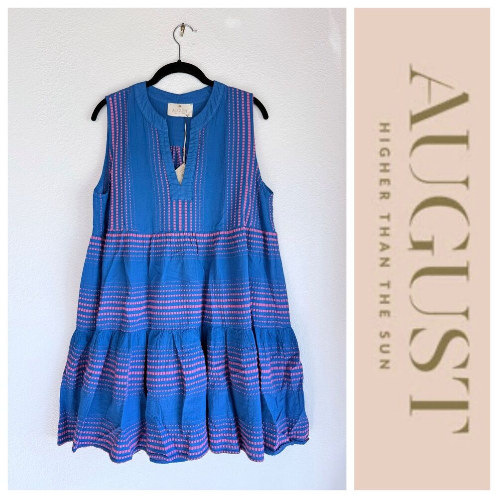 NWT August Resortwear Zakar Embroidered Sleeveless Dress in Caribbean Blue S/M